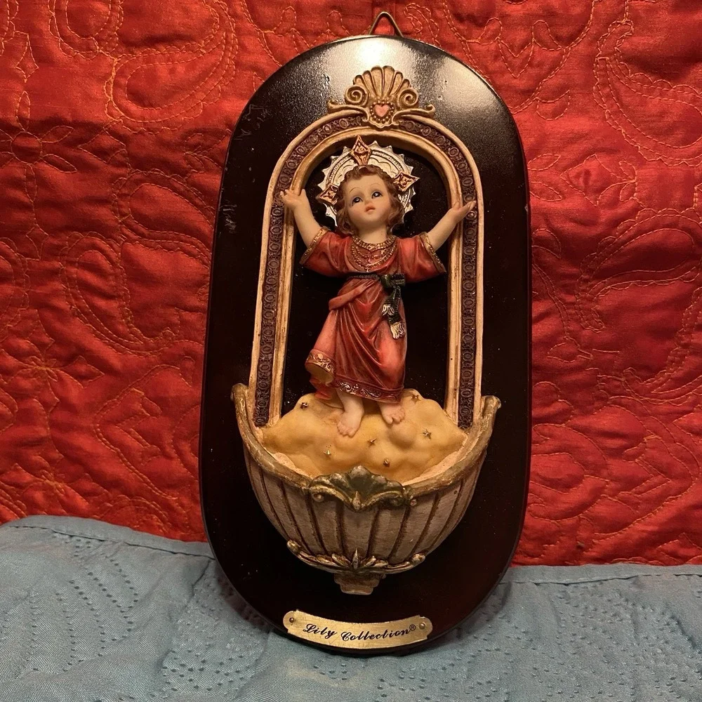 Divine Child Jesus Sacred Heart Holy‎ Water Wall Font VTG  Resin Mounted On Wood